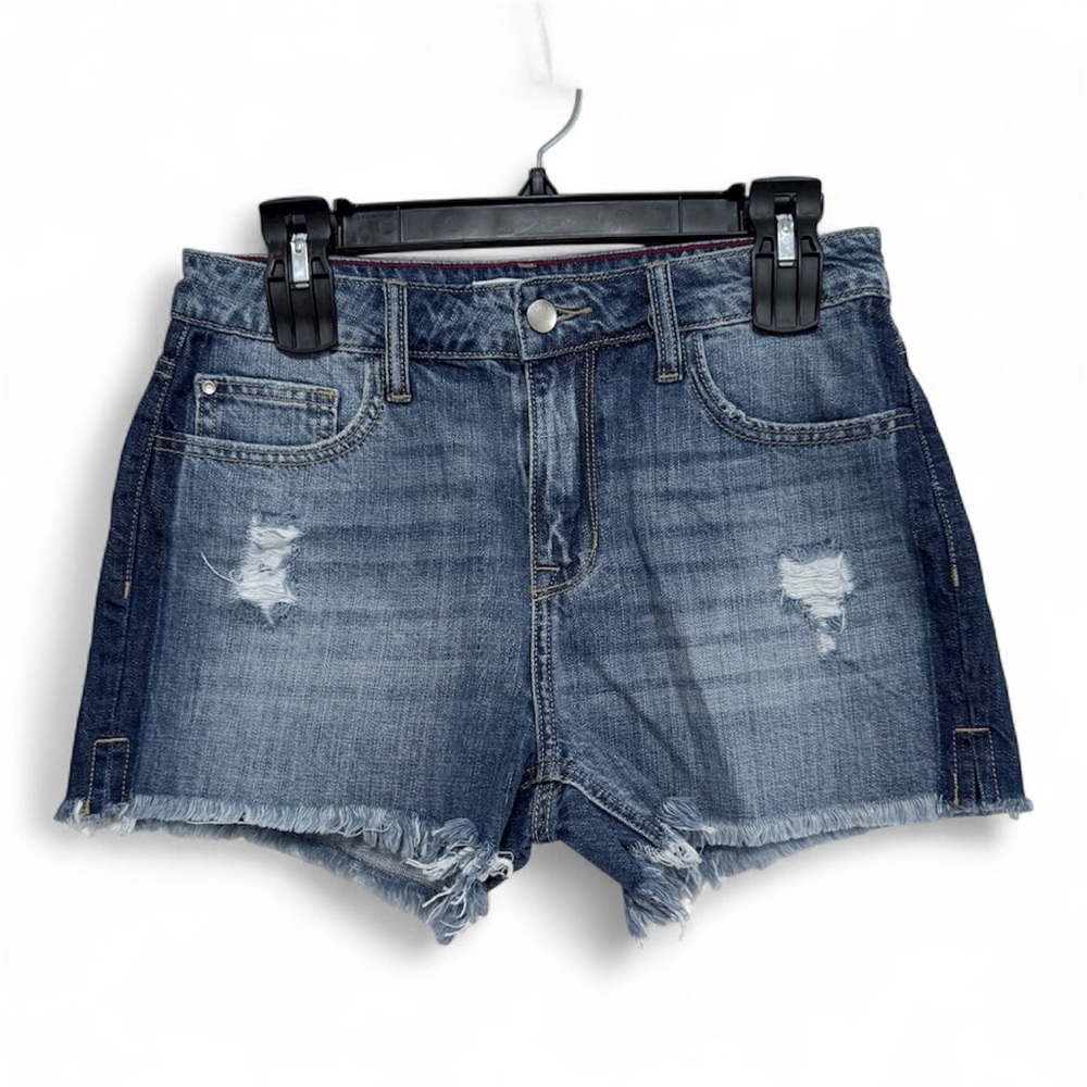 Cello High Rise Colorblock Raw Hem Jean Shorts Med